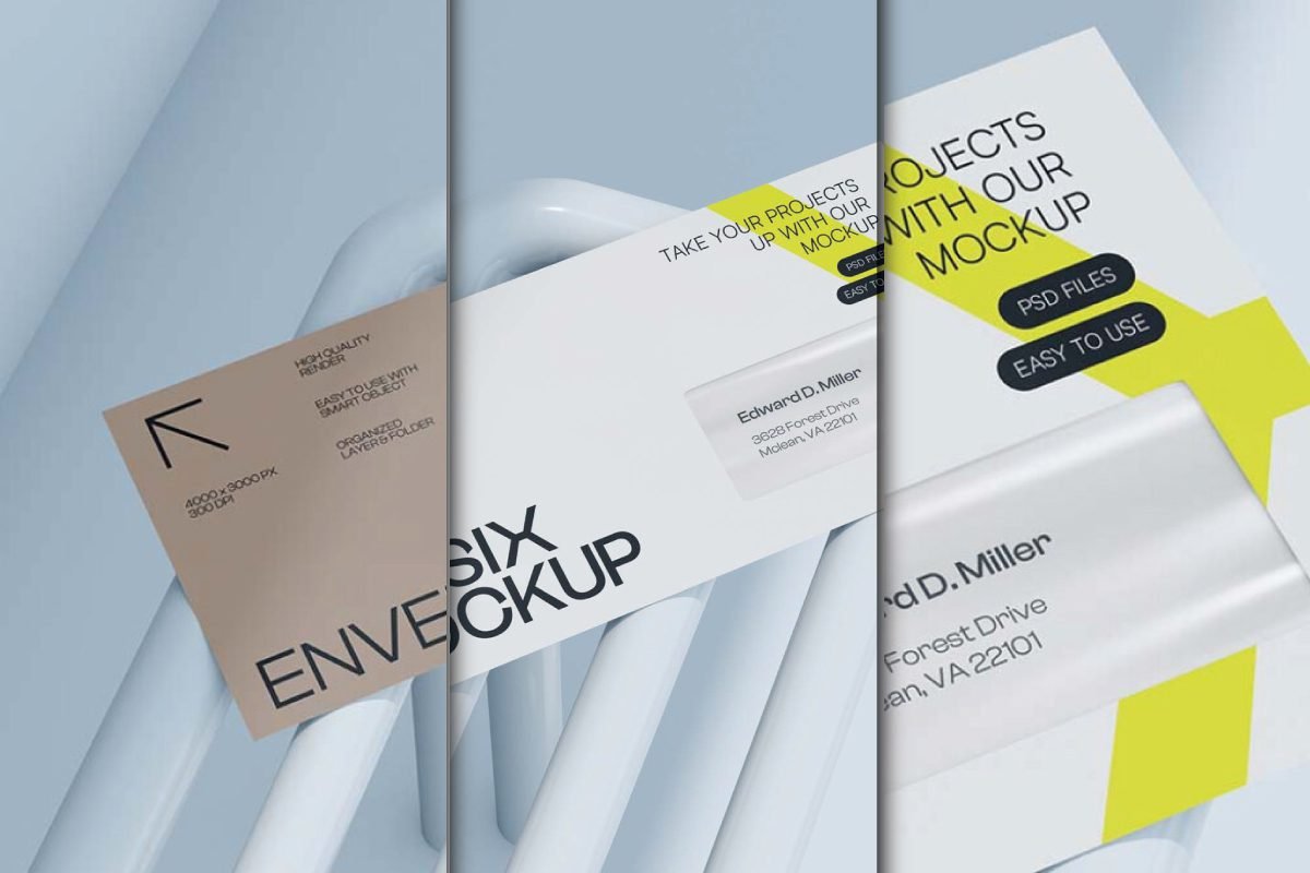 A three-panel close-up showcasing various aspects of an envelope design, presented as a Solo Envelope Mockup.