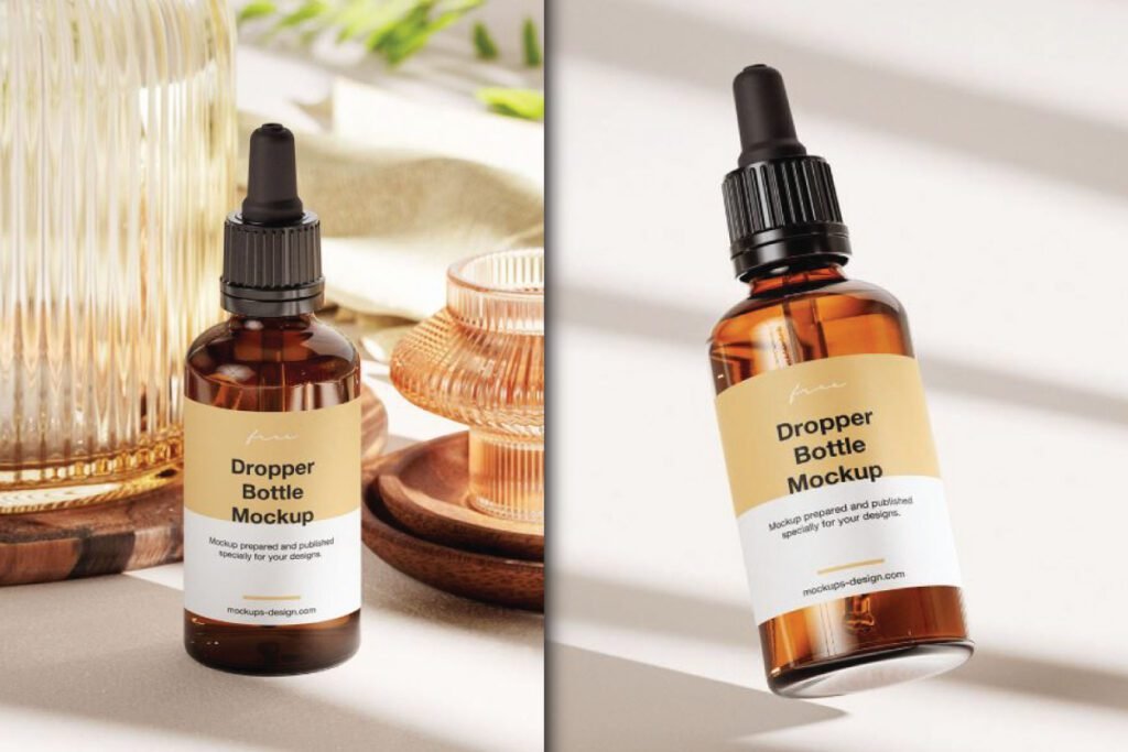 Two views of an Essential Bottle Mockup, showcasing an amber glass dropper bottle with a label.