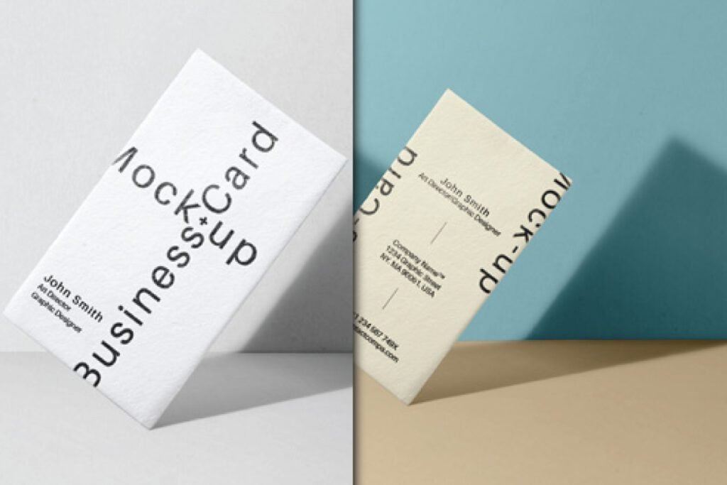 Two angled Floating Business Card Mockup PSDs, one white on a light background and one beige on a split blue and beige background, both displaying design details.