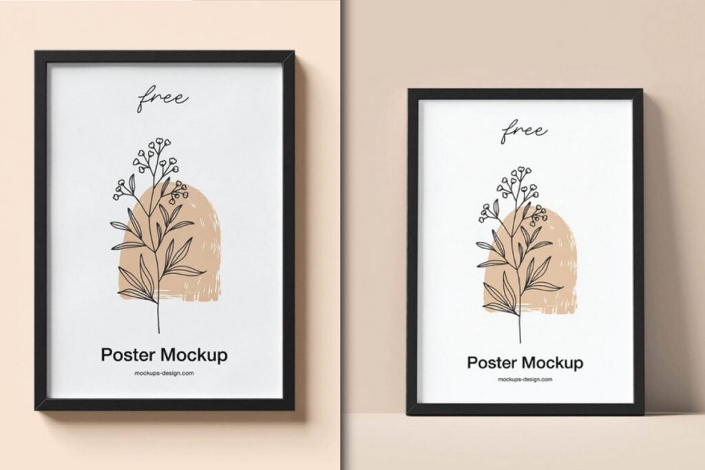 A diptych showing two black-framed posters on a light peach-colored background, serving as a Frame Poster Mockup. Both posters feature the same minimalist design: a line drawing of a branch with berries and leaves over an abstract beige shape,the left frame is flat against a wall, while the right frame leans slightly.