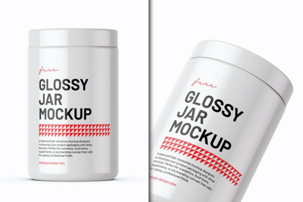 Three white cylindrical containers are shown from different angles, showcasing a "Glossy Jar Mockup" label with red accents. The image provides multiple views of a clean, white Glossy Cosmetic Jar Mockup, suitable for various product presentations.