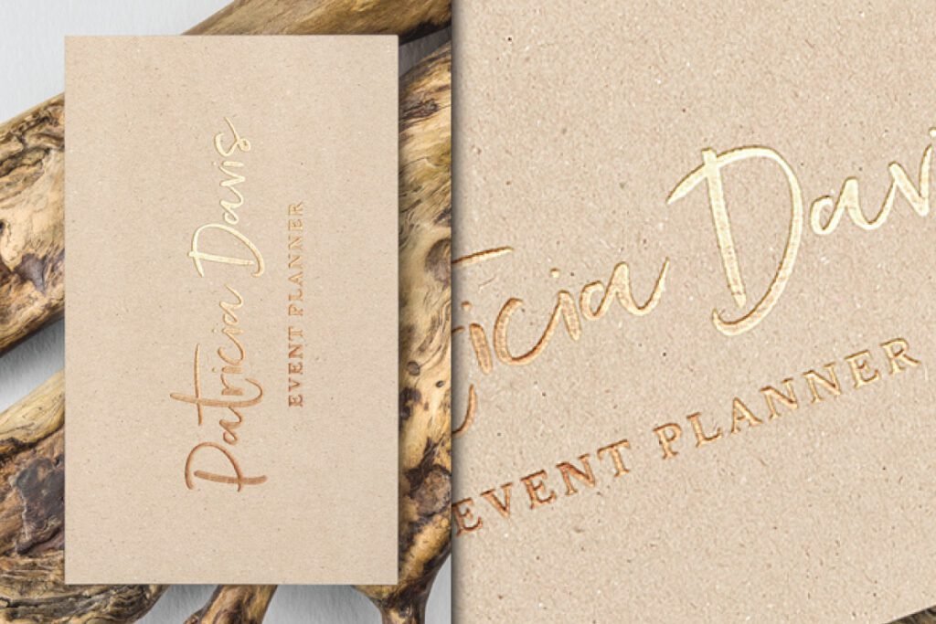 Gold Foil Cardboard Texture Business Card Mockup shows a textured brown business card with elegant gold foil text and a close-up of the textured paper.