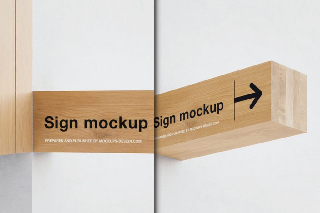 A creative visualization of an Hanging Wooden Sign Mockup PSD, showcasing two wooden signs, one flush and one protruding with an arrow, as conceptual elements for interior wall display mockups.