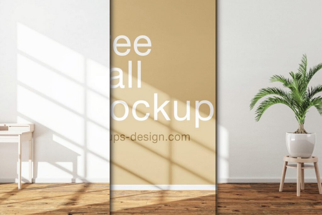 Interior Room Wall Mockup PSD for Artwork, featuring a large beige panel on a white wall, with sunlight casting shadows from a window on the left and a potted plant on the right.