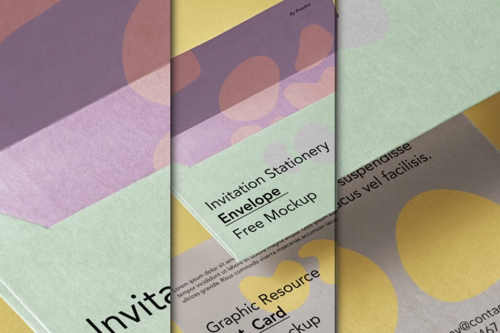 A top-down view of an Invitation PSD Envelope Mockup Set