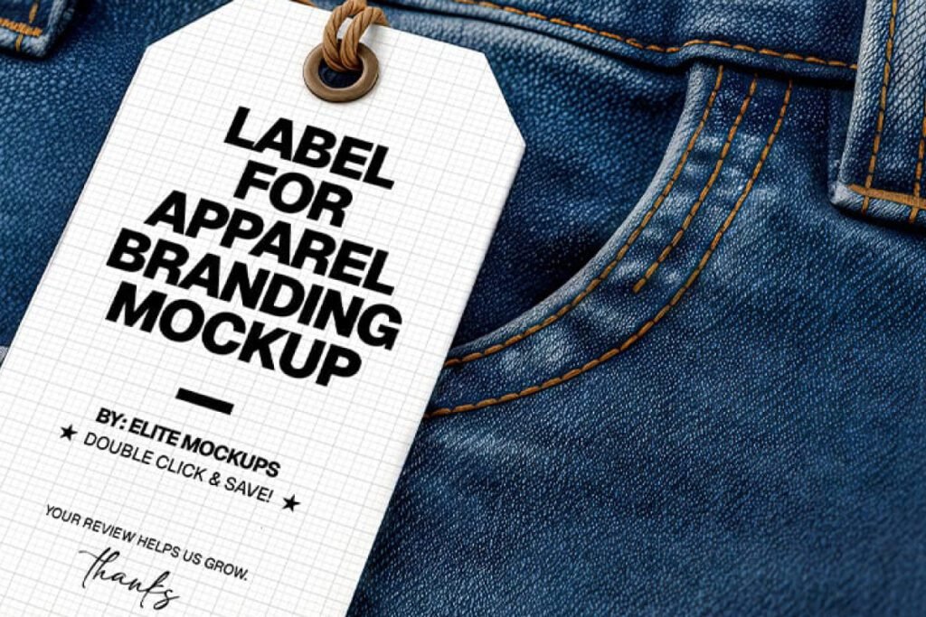 A close-up of a white rectangular Jeans Clothing Label Mockup with bold black text "LABEL FOR APPAREL BRANDING MOCKUP"
