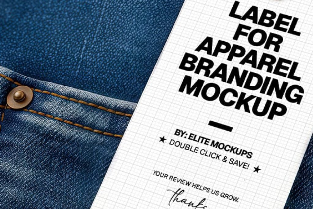A close-up of a white rectangular Jeans Clothing Label Mockup with a grid pattern and bold black text