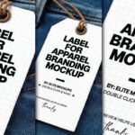 Three white rectangular Jeans Clothing Label Mockups with bold black text "LABEL FOR APPAREL BRANDING MOCKUP," hanging from brown strings against a blurred blue denim background.