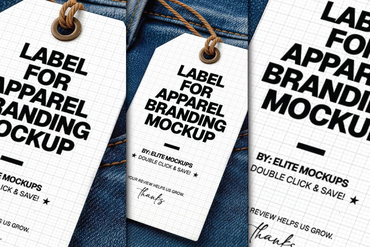 Three white rectangular Jeans Clothing Label Mockups with bold black text "LABEL FOR APPAREL BRANDING MOCKUP," hanging from brown strings against a blurred blue denim background.