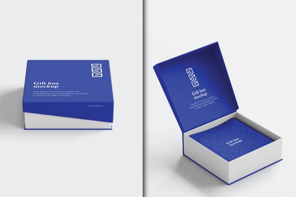 A closed and an open blue and white gift box, showcasing a Jewelry Gift Box Mockup
