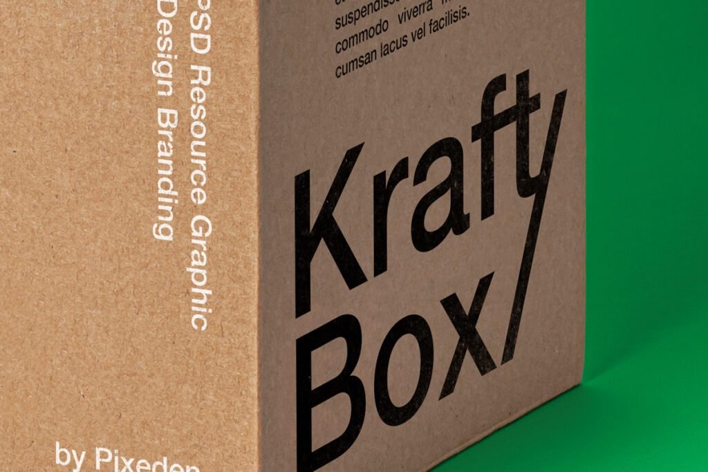 Close-up of a Kraft cardboard box with "Krafty Box" in large black letters on the side, and "PSD Resource Graphic Design Branding" text vertically on the left, against a green background.