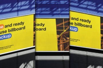 Large Advertising Billboard Mockup PSD: Three views of a bright yellow billboard on a modern building.
