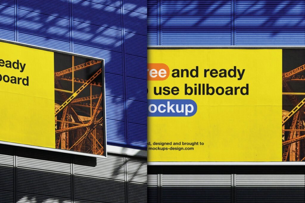 Large Advertising Billboard Mockup PSD: Two yellow billboards on a building facade with blue and gray louvers.