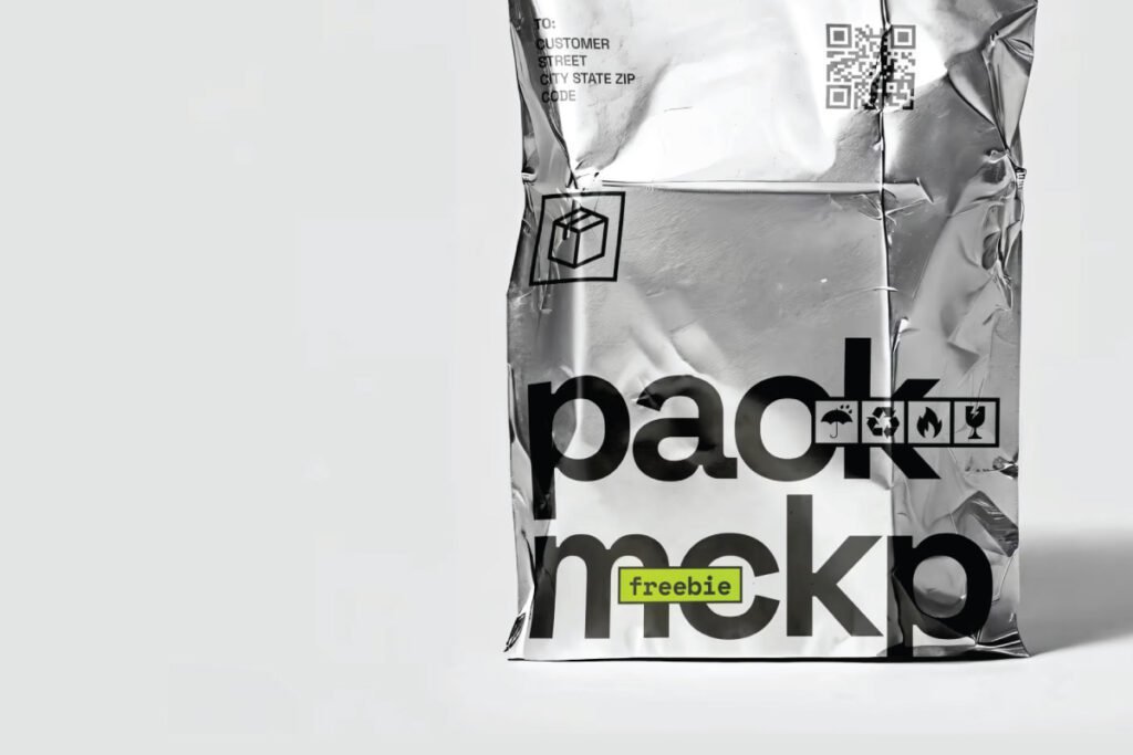 A close-up of a crumpled Metallic Foil Pouch Mockup, showing a white label