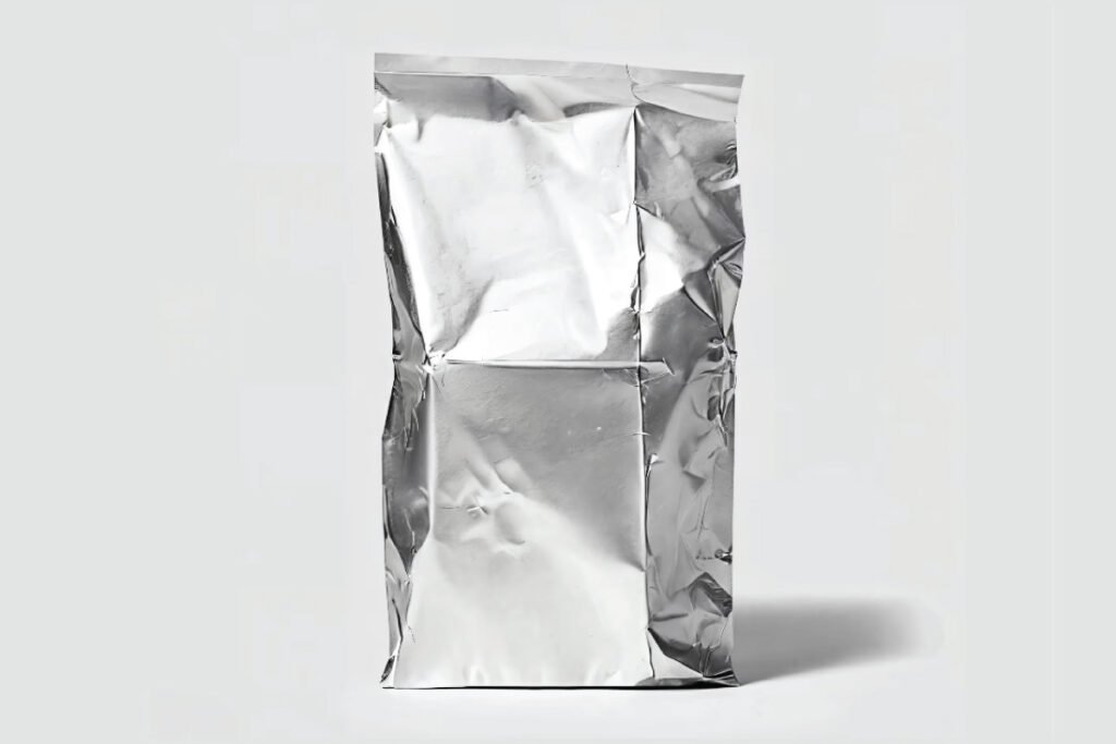 A tall, crinkled, blank silver metallic foil pouch mockup standing upright on a light grey background, showcasing its reflective surface and folds.