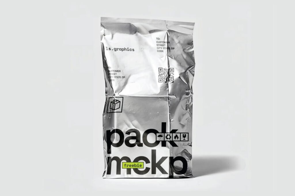 A realistic Metallic Foil Pouch Mockup standing upright, featuring a crumpled silver texture, a white label with address details and a QR code