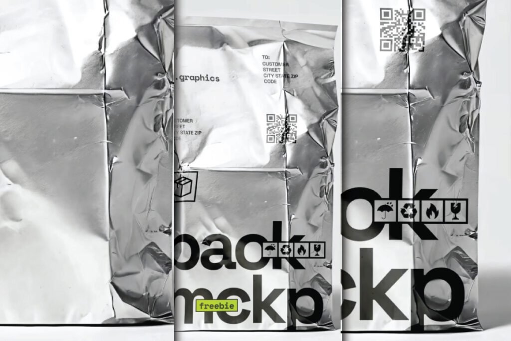 A close-up, multi-panel view of a Metallic Foil Pouch Mockup, showing crumpled silver foil with white and black labels, including a QR code and handling icons.
