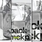 A close-up, multi-panel view of a Metallic Foil Pouch Mockup, showing crumpled silver foil with white and black labels, including a QR code and handling icons.