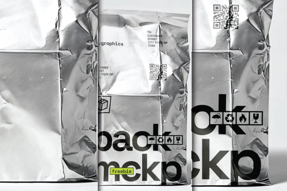 A close-up, multi-panel view of a Metallic Foil Pouch Mockup, showing crumpled silver foil with white and black labels, including a QR code and handling icons.