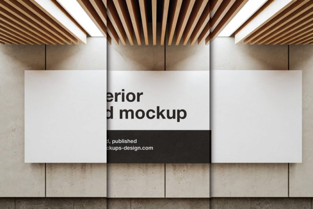 A large white Interior Billboard Mockup on a tiled wall in a modern interior.