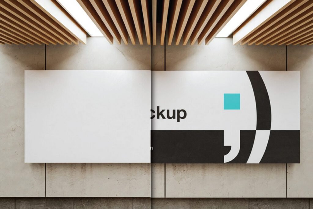A two-panel, horizontal billboard mockup on a tiled wall in a modern interior, with a blank left panel and a right panel showing part of a graphic design