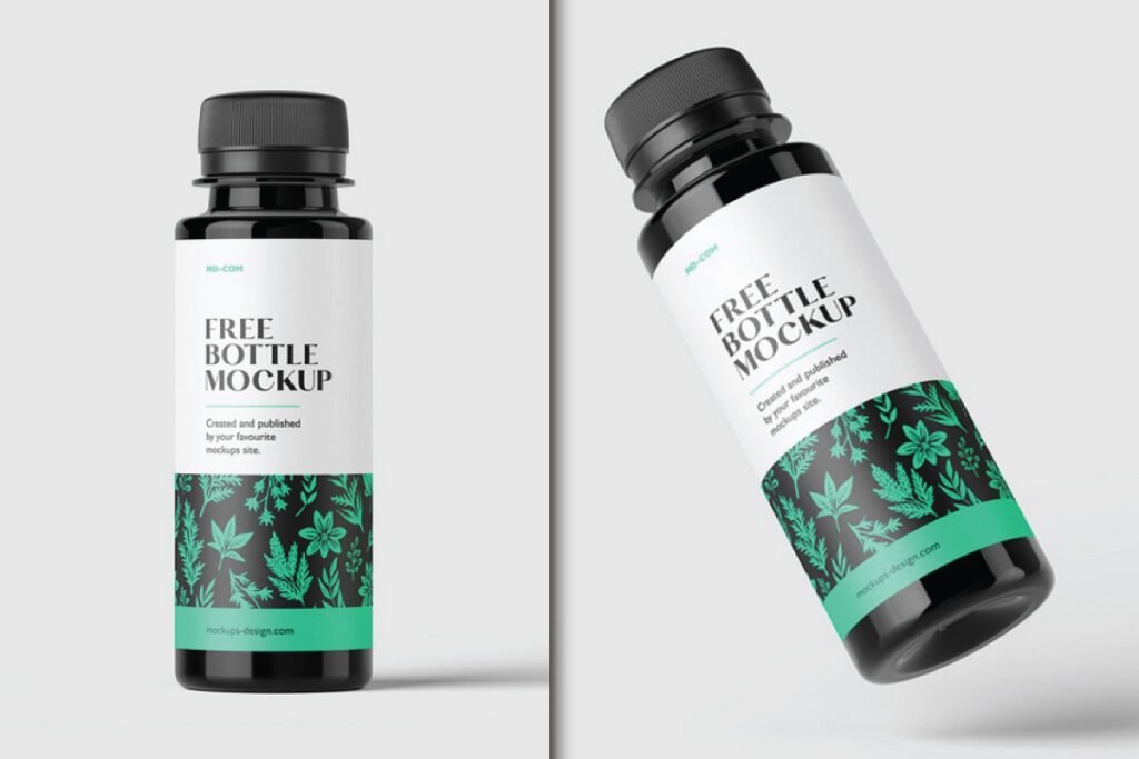Two black bottles with white labels and green botanical patterns are displayed on a light gray background, highlighting the Nigella Sativa Oil Bottle Mockup PSD.