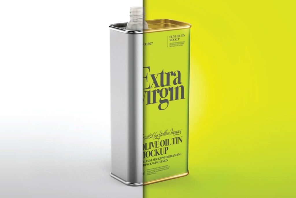 A split image showing an Oil Tin Can Mockup, half in a silver metallic finish and half in a green "Extra Virgin Olive Oil" design.