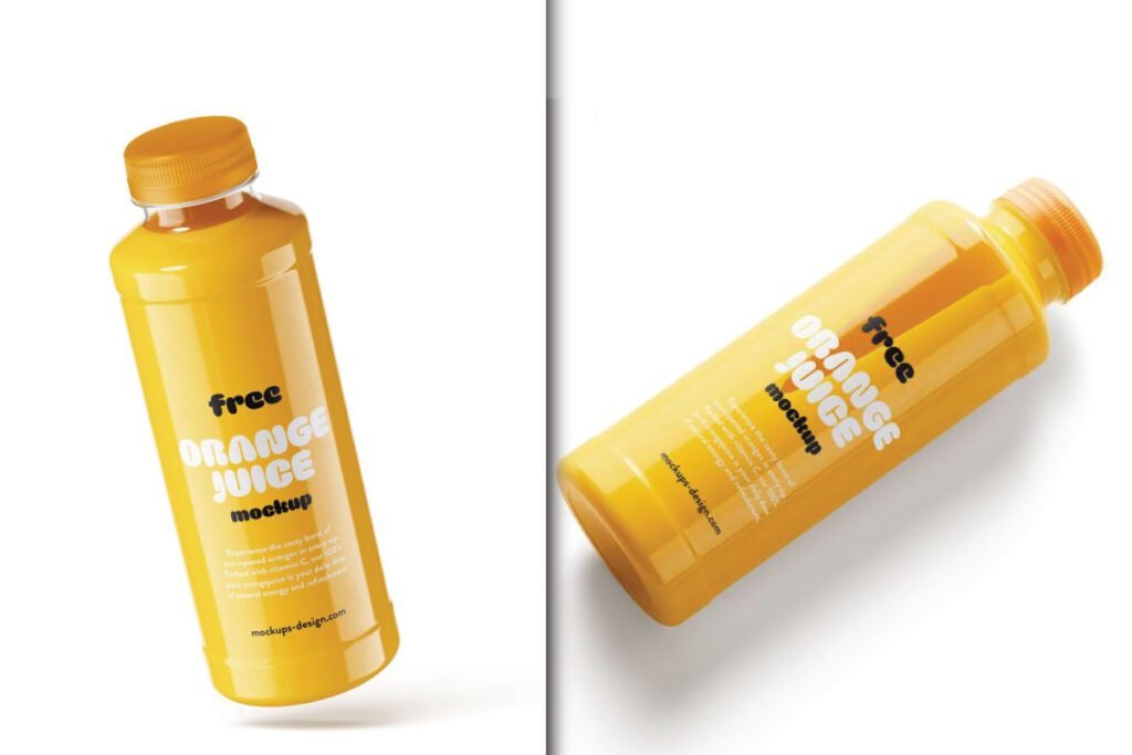 Two angled views of an Orange Juice Bottle Mockup with a yellow cap and "free ORANGE JUICE mockup" on the label.