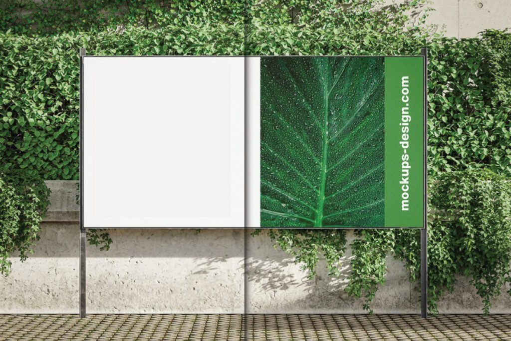 An outdoor billboard green ivy mockup PSD with a white blank space on the left and a close-up of a green leaf covered in water droplets on the right. A vertical green strip on the far right displays mockups-design.com against a lush, ivy-covered wall.