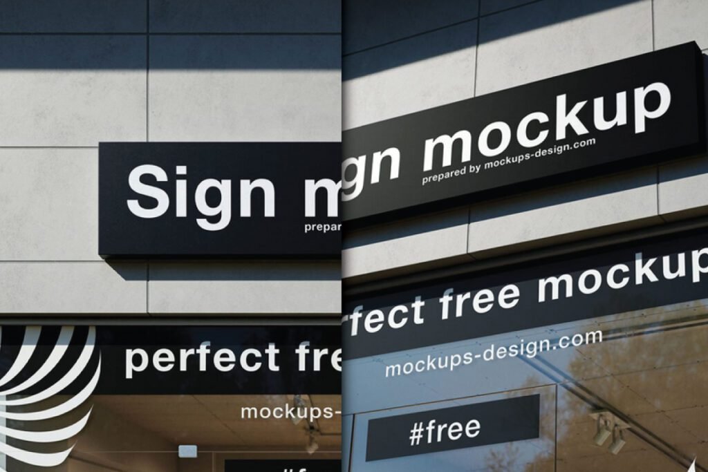 Outdoor Interior Shop Sign Mockup PSD: Two black storefront signs with white text, on a modern building.