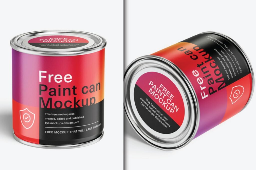 Paint Bucket Label Mockup PSD featuring two paint cans, one upright and one tilted, showcasing a red and purple gradient label with the text Free Paint Can Mockup.
