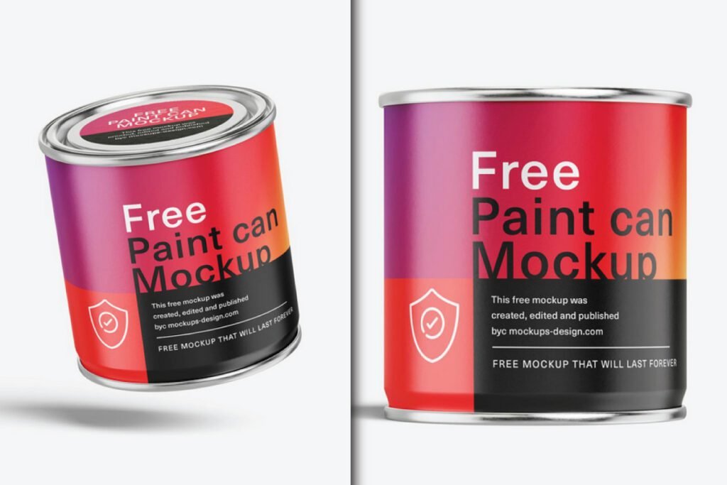 Paint Bucket Label Mockup PSD showing two cans, one tilted and one upright, with a vibrant red and purple gradient label featuring white text.