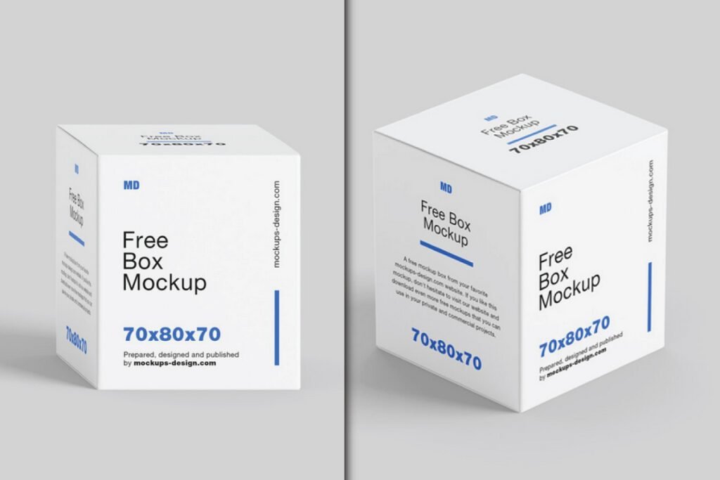 Two white cube box packaging mockup PSDs, each with blue text Free Box Mockup, MD logo, and dimensions 70x80x70. One box is seen from a slightly lower angle, while the other is from a higher angle, showcasing different sides.