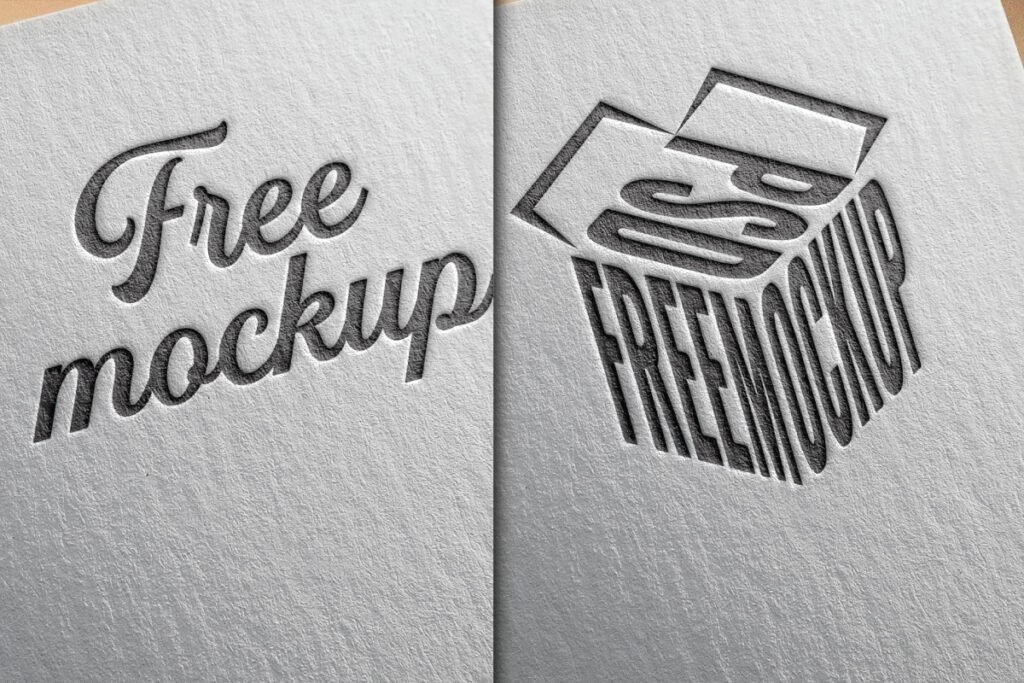 Paper Edition Logo Mockup PSD featuring two textured paper surfaces with embossed designs. One has a dark gray Free mockup text, and the other a 3D box shape with PSD FREEMOCKUP text.