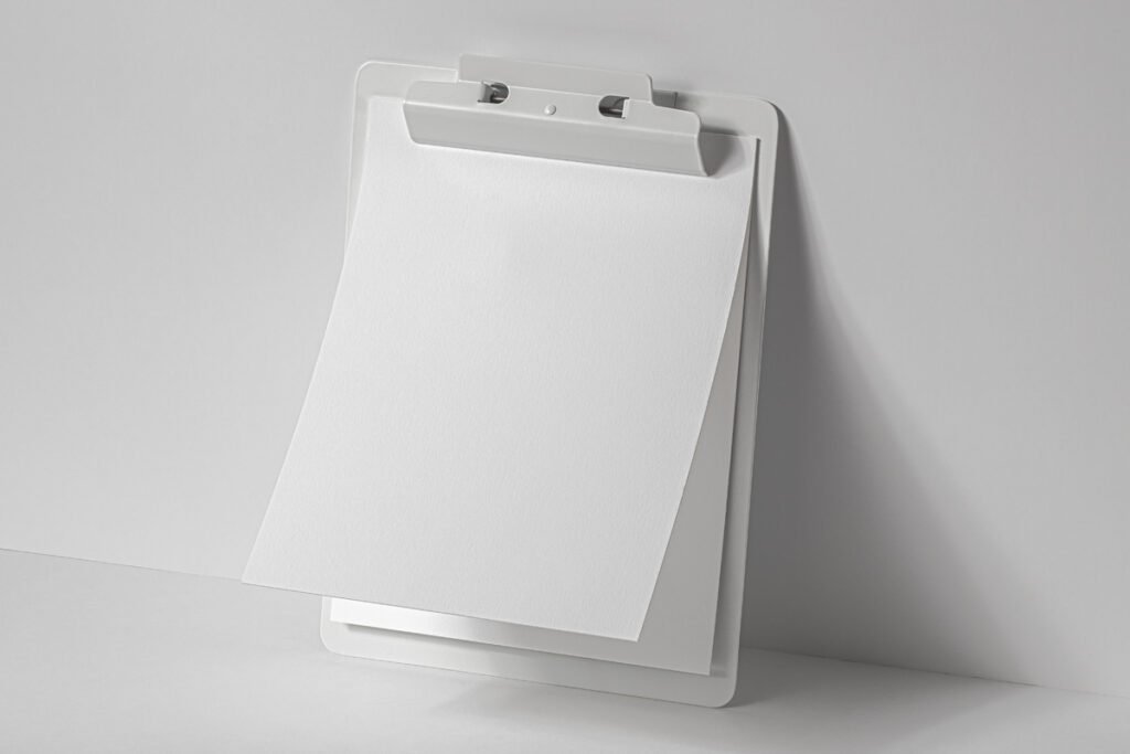 A blank white clipboard with a metal clip holds a stack of plain white papers, with the top sheet slightly curled, leaning against a white wall on a white surface, creating a minimalist scene.