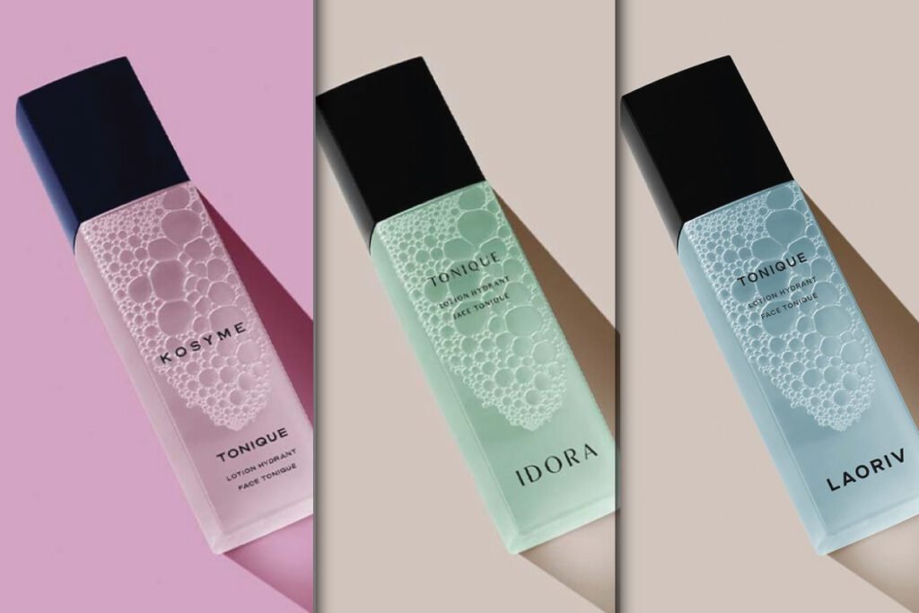 A triptych showing three translucent rectangular bottles, each with a black cap and a bubbly texture, serving as a Perfume Scent Bottle Mockup.