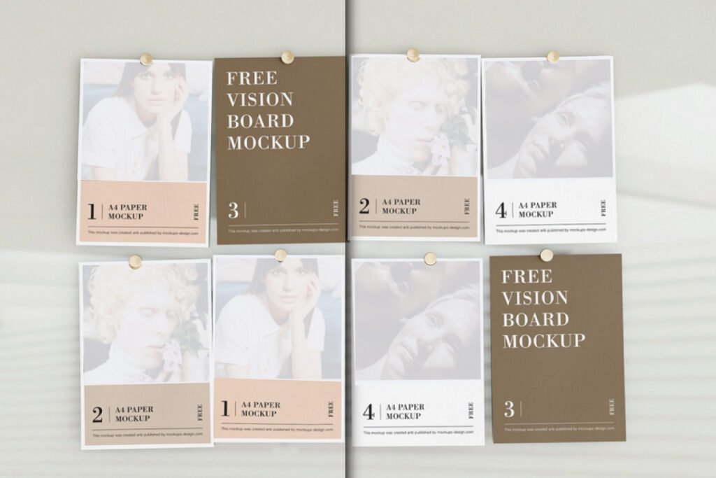 Photography Mood Board Mockup PSD displaying eight A4 paper sheets pinned to a light wall, featuring various placeholder images and some brown cards with Free Vision Board Mockup text.