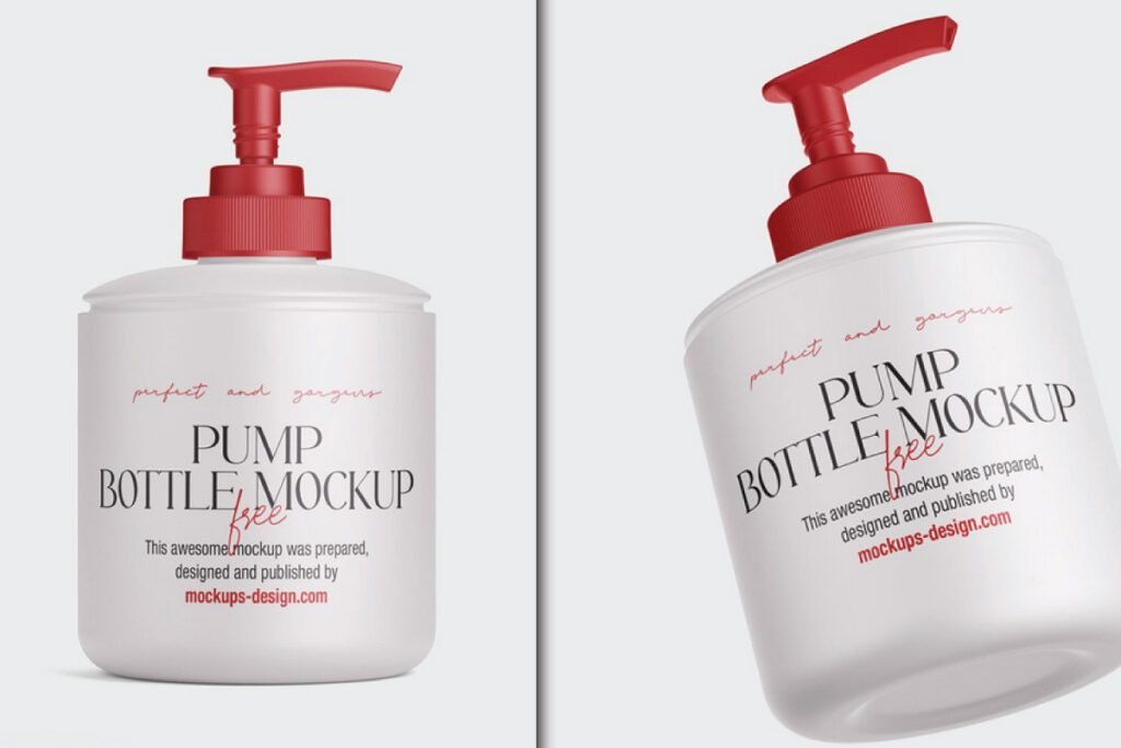 Two photorealistic plastic pump bottle mockup PSDs, each featuring a white bottle with a red pump dispenser.