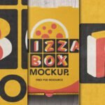 A vibrant, retro-styled pizza box mockup with "PIZZA BOX MOCKUP" text and a pizza graphic on a yellow background, flanked by abstract letter designs on black panels.