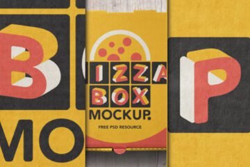 A vibrant, retro-styled pizza box mockup with "PIZZA BOX MOCKUP" text and a pizza graphic on a yellow background, flanked by abstract letter designs on black panels.