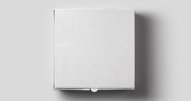 Top-down view of a blank Small Pizza Box Mockup casting a shadow on a light grey background, perfect for custom branding mockups.