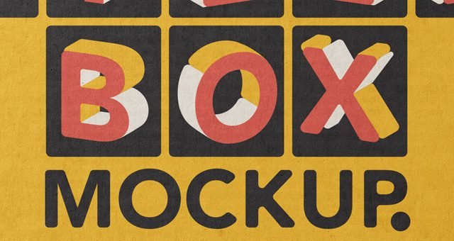 A close-up of a retro-style pizza box design featuring the word " Small Pizza Box Mockup " in large, 3D block letters (red and cream) on black squares, with "MOCKUP" in black text below, all on a yellow textured background.