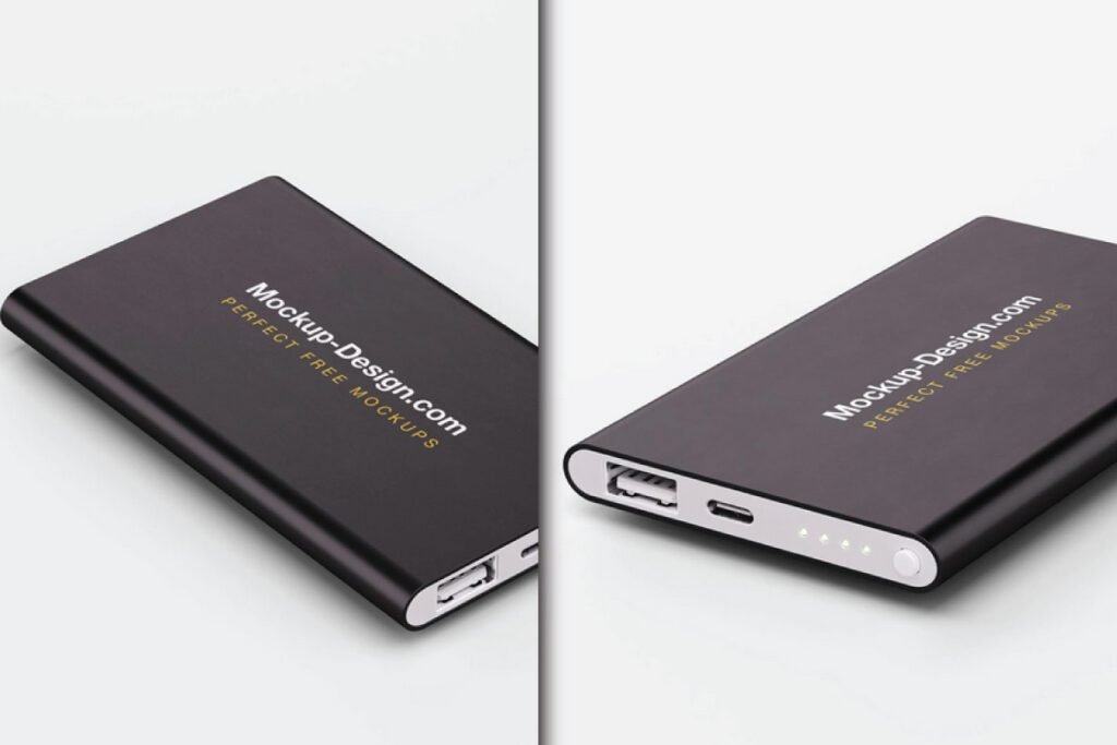 Two close-up, angled views of a black portable charger mockup psd