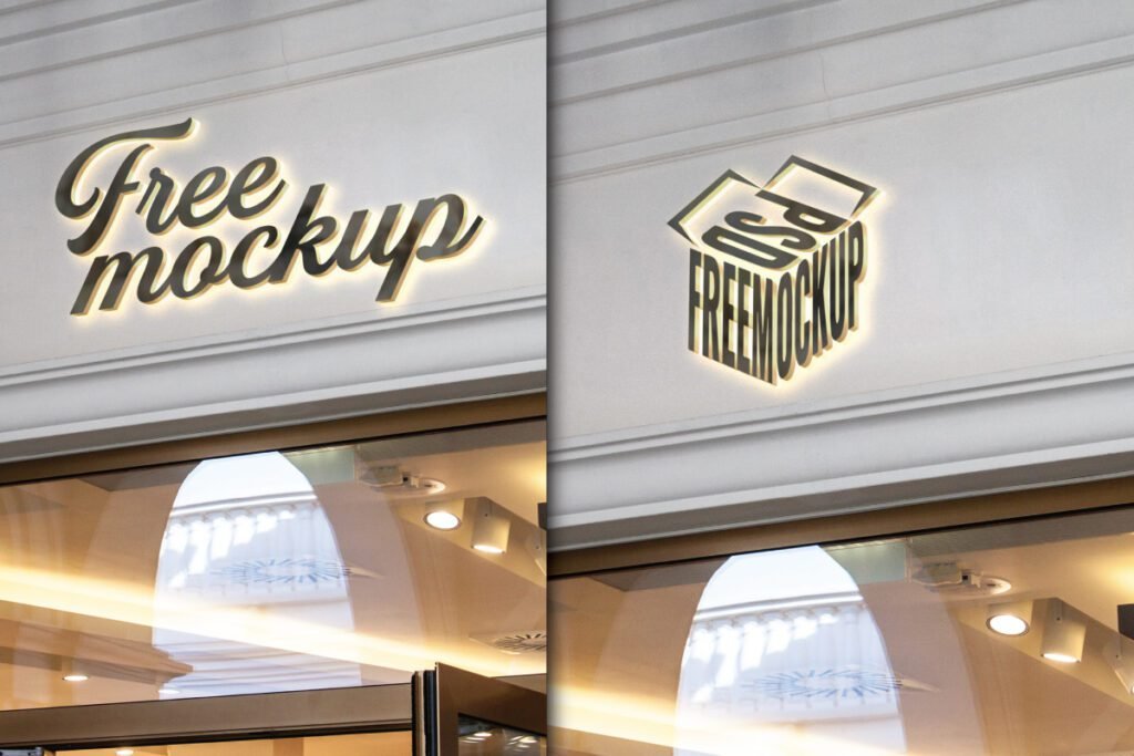 Best Premium Shop Wall Logo Mockup PSD featuring a white building facade with a golden glowing 3D sign that reads Free mockup.