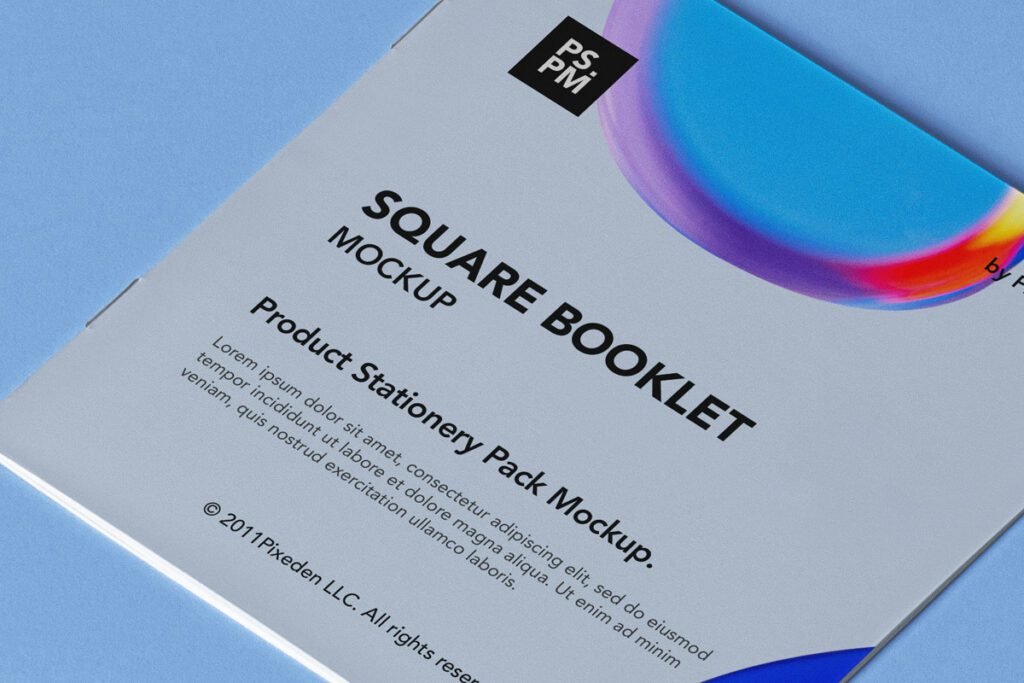 Close-up of a square booklet mockup with "SQUARE BOOKLET MOCKUP"