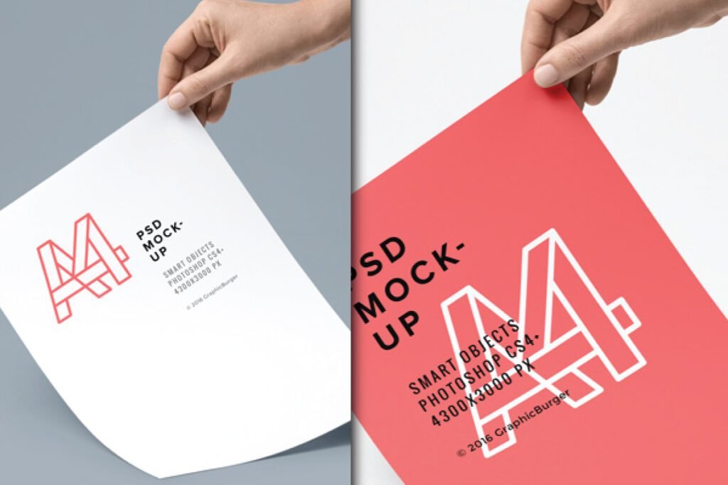 Professional A4 Paper Mockup PSD showing two hands holding A4 sheets; one white with a red outline A4 logo and text, and one red with a white outline A4 logo and text.