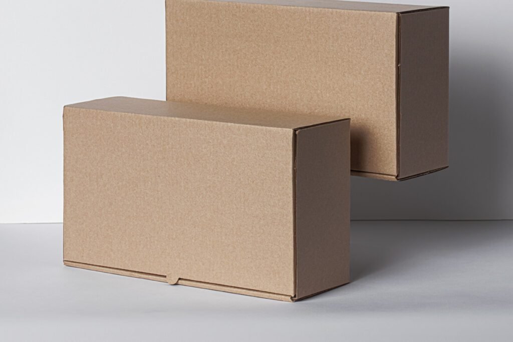 Two plain, closed Kraft cardboard boxes, one resting on a light gray surface and the other slightly elevated behind it, against a white and gray background.
