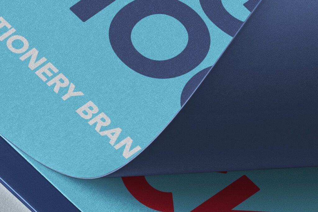 A close-up view of a blue textured card or paper with white and dark blue text, showing a corner peeled back to reveal a dark blue underside, perfect for a Stationery Branding Mockup PSD.