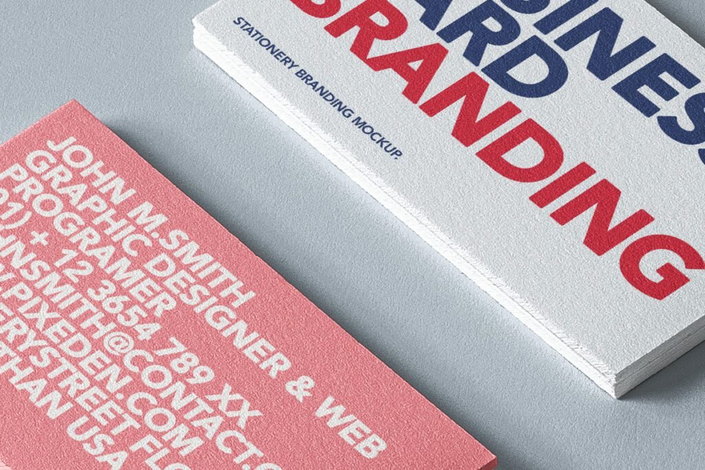 A close-up of a Stationery Branding Mockup PSD showing two textured business cards. One is red with white contact details, and the other is a stack of white cards with "BUSINESS CARD BRANDING" in red and blue text.