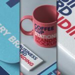 A three-panel split image showcasing a Stationery Branding Mockup PSD set. The left panel features a blue textured card, the center shows a pink coffee mug and business cards, and the right displays a stack of textured white papers with red and blue text.